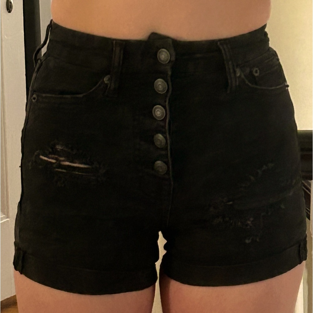 Super high rise, curvy, midi button up jean shorts (black)